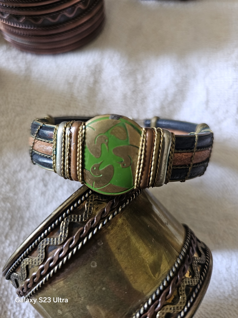 Green Enamel and Leather Cuff Bracelet